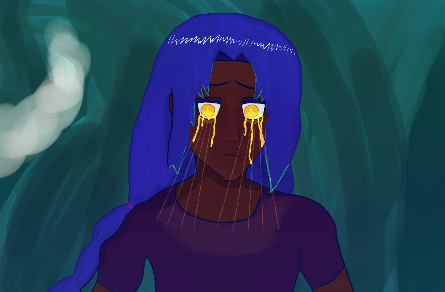 Fernando Chandrani-Rivera with his gold eyes bleeding. He has dark skin, long blue hair that's braided away and partly atop of his shoulder and wears a dark shirt. There's a dark wave behind him.

This one is painted more than previous versions, with more intensive splashes of color.